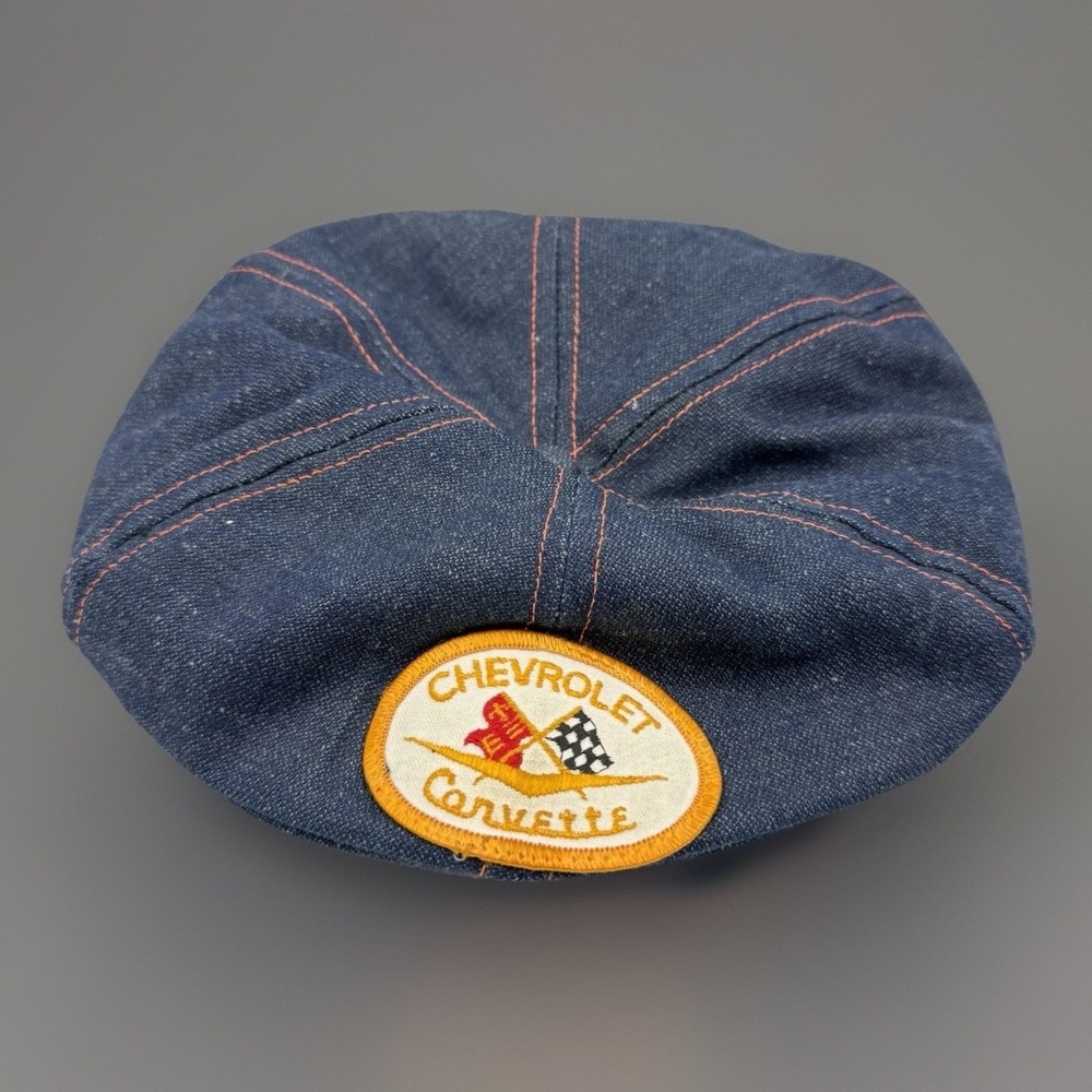 Vintage 70s Chevrolet Corvette Denim Newsboy Cap Ad Hatters USA Orange Chevy